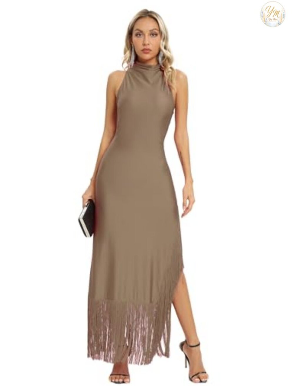 Flapper Maxi Dress Halter Tassel Fringe Gown